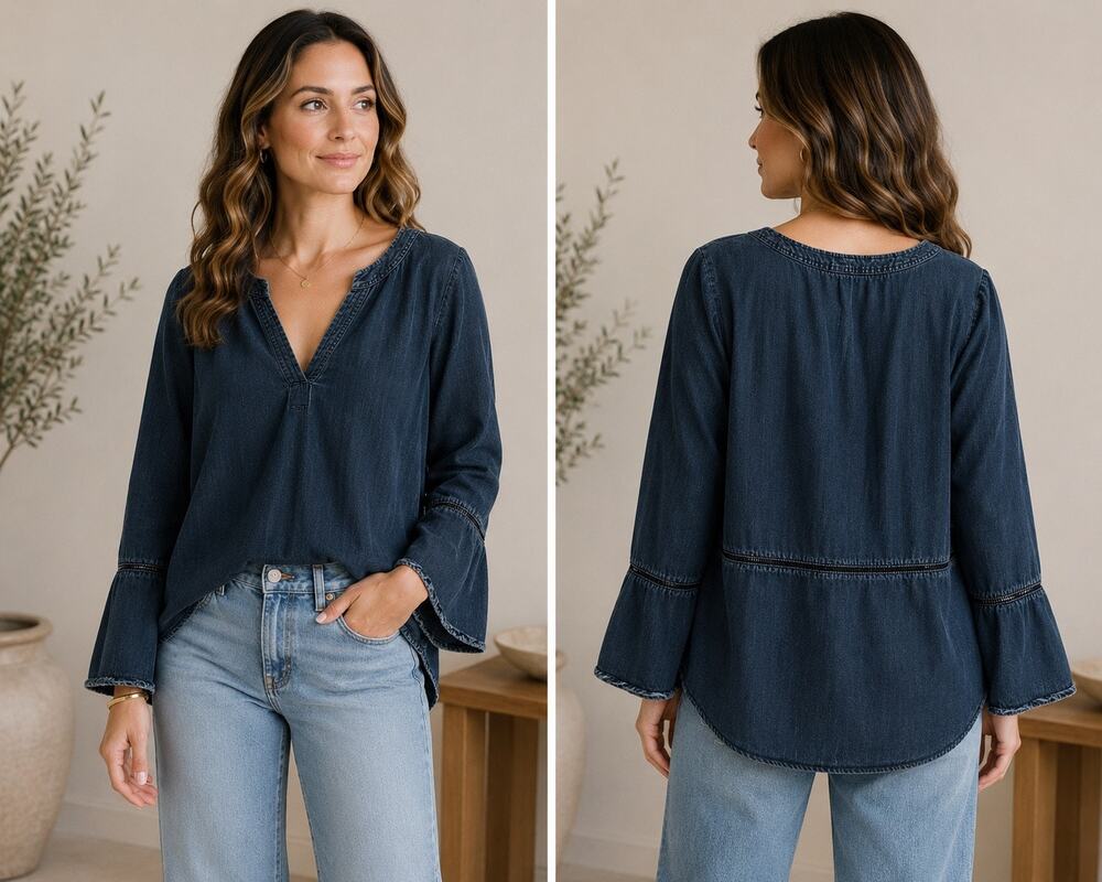 Alya 100% Tencel Chambray Bell Sleeve Boho Blouse Medium